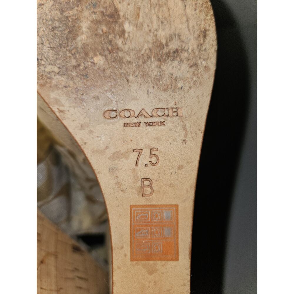 Coach Jessy Size 7.5 Gold Leather Iridescent Canvas Strappy Wedge Sandals - Picture 12 of 15